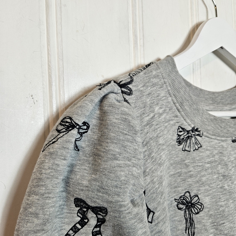 Anthropologie Casual Chic Gray Bow-Print Puff-Sleeve Sweatshirt - Picture 6 of 16